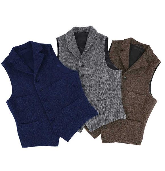 Gilet da uomo 2024 Gilet da uomo classico abito marrone di lana tweed tacca bavero gilet a spina di pesce Groomsmen cappotto invernale per la cerimonia nuzialeL240104