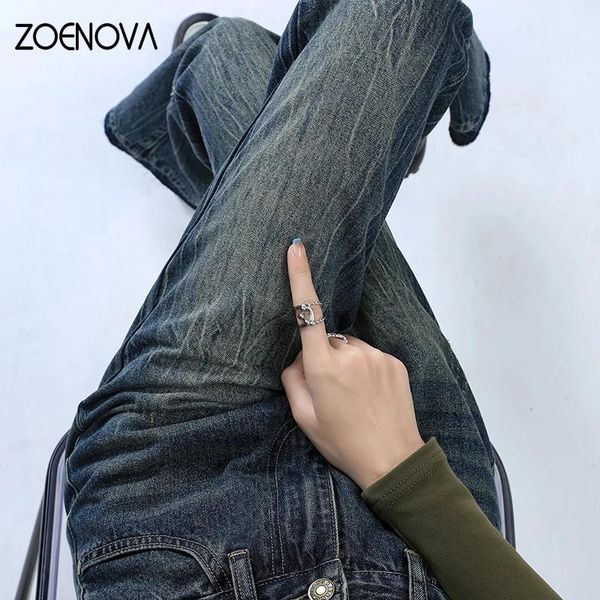 Jeans Zoenova Fashion New American Retro Bordo in pelliccia Micro Flare Jeans elasticizzati liberi Pantaloni jeans stile ragazza piccante a vita alta da donna