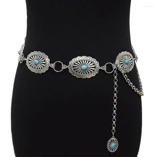 Kemerler Western Concho Zincir Kemer Kadınlar için Bohemia Silvertone Oval Bağlantı Metal Bel Bandı Tokalı Cowgirl Elbise Kot