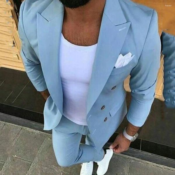 Herrenanzüge Sommer Hellblau Slim Fit Männer Für Bräutigam Hochzeit Zweireihiger Smoking 2 Stück Jacke Hosen Set Formeller Abschlussball Kostüm Homme