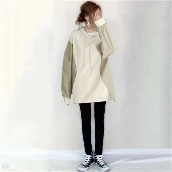 Maglioni da donna 2024 Autunno coreano Beige Bianco Pullover casual con elastico con coulisse Pannello a contrasto maglione ampio con cappuccio