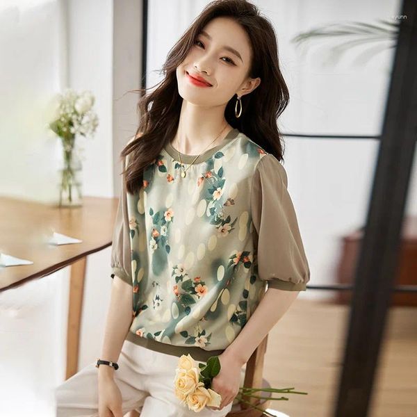 T-shirts pour femmes Version coréenne en mousseline de soie à la mode en vrac fleur imprimé t-shirt haut 2024 été demi manches col rond femme T564