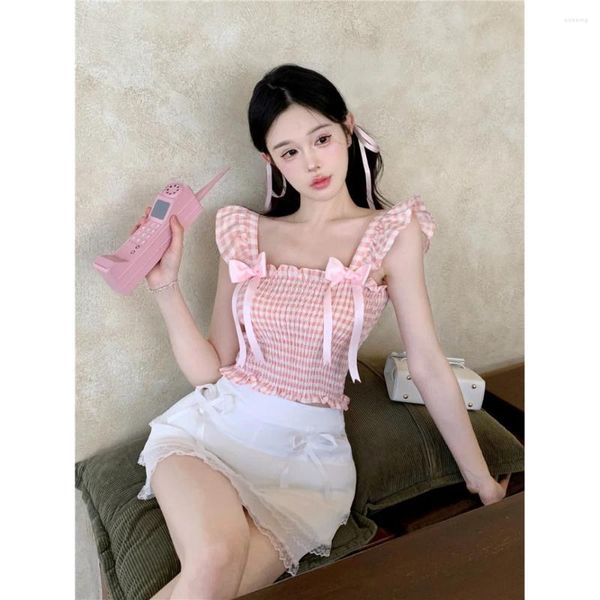 Canotte da donna coreana sexy rosa scozzese canotta fiocco cintura svolazzante canottiera canotta donna estate dolce vento kawaii slim senza maniche Y2k