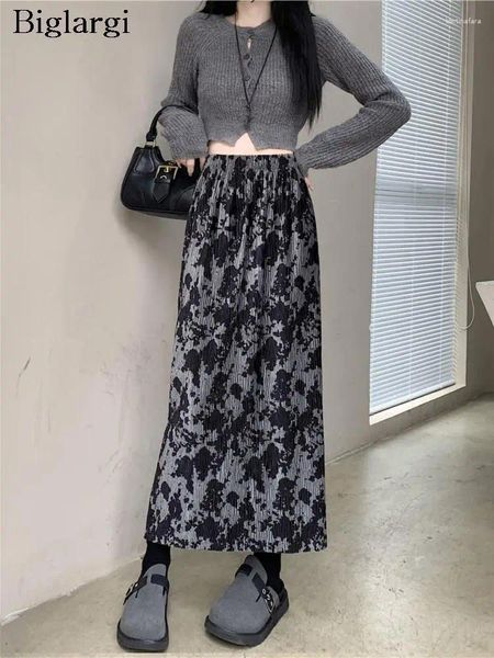 Röcke Frühling Herbst Tie Dye Drucken Midi Frauen Split Mode Rüsche Gefaltete Damen Hohe Taille Koreanische Lose Frau