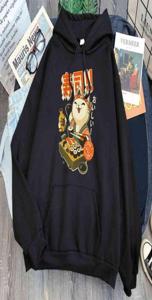 Sushi Chef Cat Print Hoodies Mann Kausal Sweatshirts Winter Langarm Tasche Hip Hop Streetwear Mit Kapuze Japan Anime Kleidung Herren H1862266