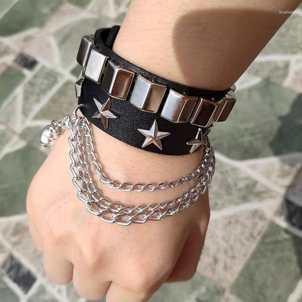 Pulseras con dijes Pulsera de cuero de PU negra Pulsera Cuff Goth Gothic Bar Punk Mujeres Hombres Brazaletes de metal Cosplay se puede ajustar joyería