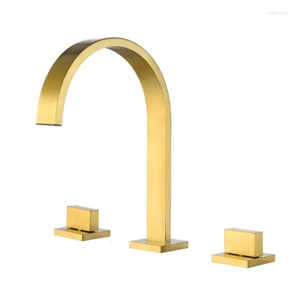 Badezimmer-Waschtischarmaturen, gebürstetes Gold, quadratisch, modern, 3 Löcher, 20,3 cm, weit verbreitetes Wasserhahn-Mischbatterie-Set, massives Messing, Deckmontage