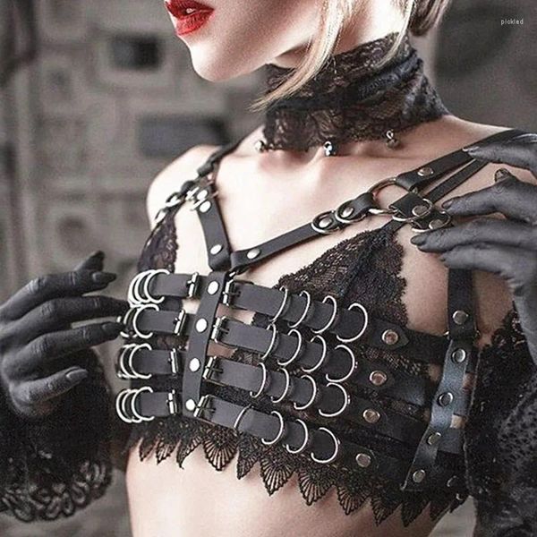 Cintos Goth Punk Preto Couro Sutiã Harness Metal Chain Crop Tops Hollow Out Party Cosplay Roupas Halloween Ajustar Correias Mulheres