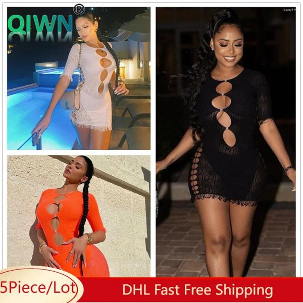 Partykleider 5 Stück Bulk Großhandel Hollow Out Kleid Frauen Sexy Mesh Durchsichtig Nachtclub Mini Sommer Halbarm Quaste Schlanke Kleidung