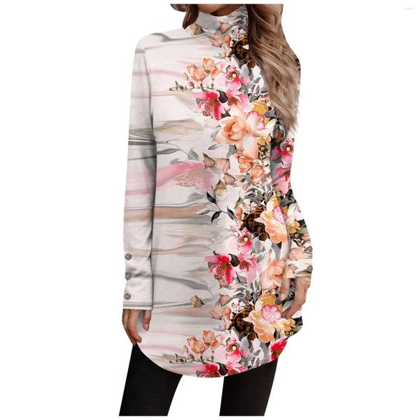 Magliette da donna Maglietta da donna Camicetta con stampa floreale alla moda Dolcevita casual Manica lunga Primavera Autunno Top donna retrò