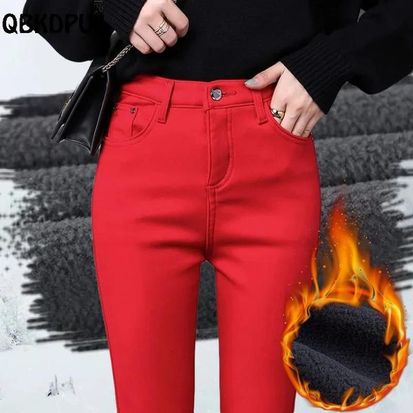 Calças de brim cintura média mais veludo jeans magros mulheres moda coreana inverno quente lápis calças de pelúcia tornozelo comprimento vaqueros vermelho denim leggings