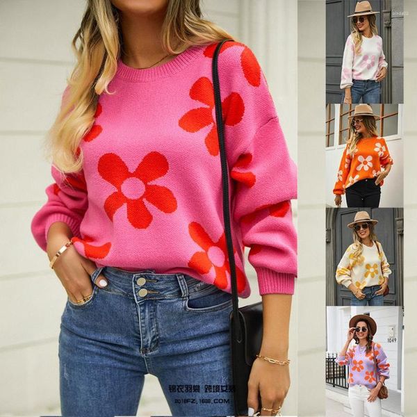 Suéteres femininos outono e inverno pulôver em torno do pescoço manga longa impresso flor grande moda casual commuter férias camisola topos