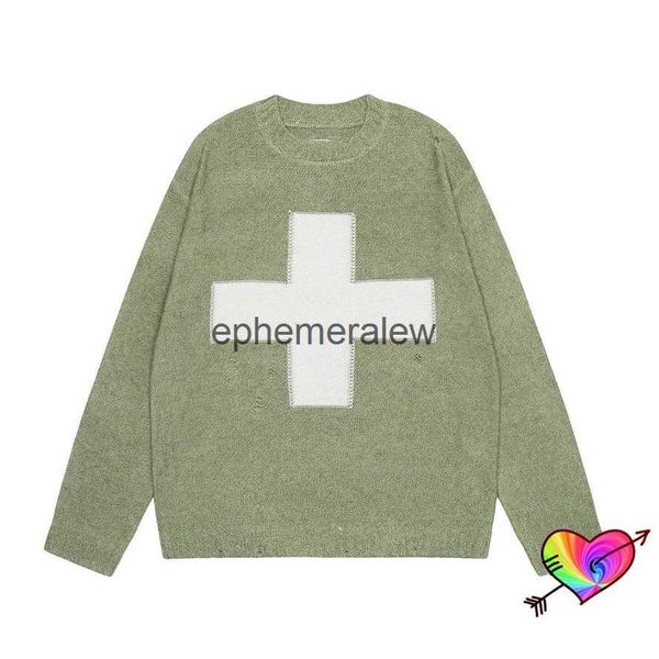 Herrenpullover 2023Fw KAPITAL Cross Sweater Männer Frauen Beschädigtes Design KAPITAL Pullover Cu Hole Green Gestrickte Crewne Langarmephemeralew