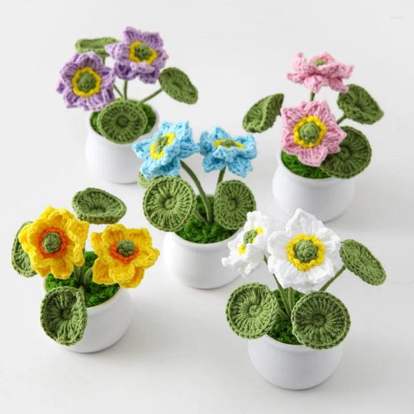 Flores decorativas 1 pc artesanal crochê lótus bonsai mão-malha plantas artificiais em vaso para quarto casa jardim sala de estar desktop