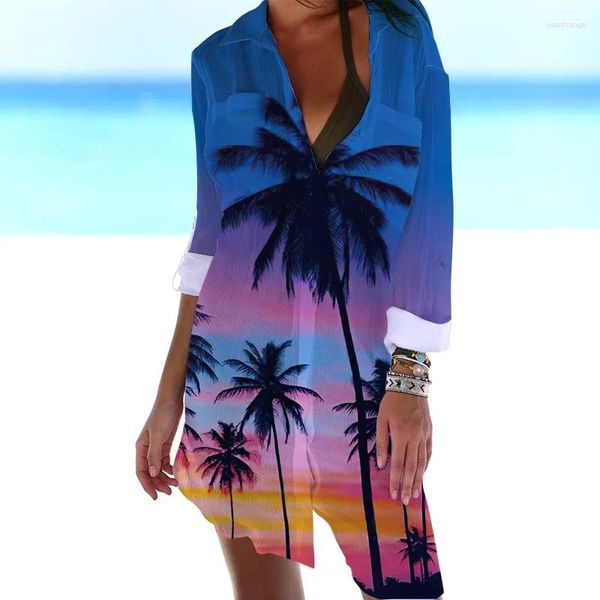 Camicette da donna Camicetta con paesaggi tropici Moda Bohemian Hawaii Blusa lunga con bottoni Camicia da ufficio Casual Protezione solare per le vacanze