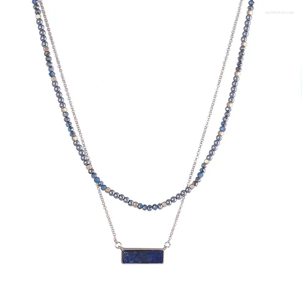 Collane con ciondolo Collana a strati di perline di pietra naturale quadrata blu navy per donna