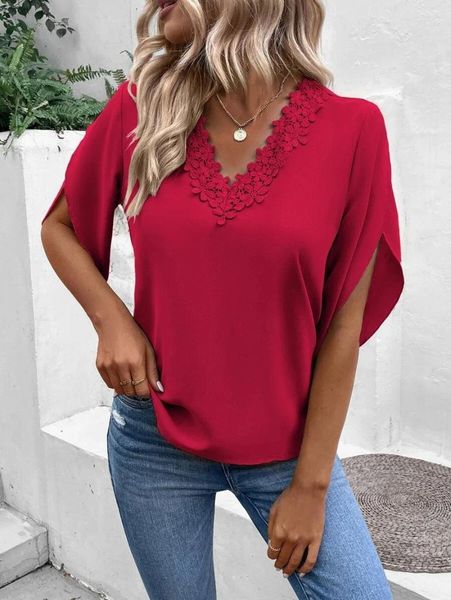 T-shirt da camicie da donna 2024 Summer Fashion Solid Color Color-Neck V-Short Short Shorte Slione Shirt Ladies Tops