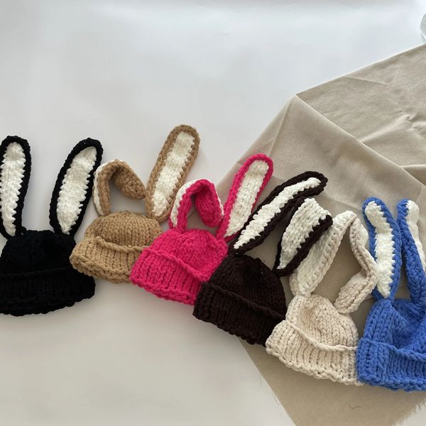 2023 Herbst gestrickte Hasenmütze für Kinder, lange Hasenohren, süße Baby-Hasenmütze, handgefertigte Wollmütze für Kinder, geeignet für Mädchen und Jungen, 240110