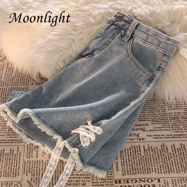 Damen Shorts Jeans Japanische Kawaii Spitze Denim Shorts Frauen Casual Lose Hohe Taille Ripped Holes Quasten Kurze Denim Hosen Sommer Hotpants Jeans