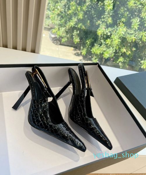 Damen-Pumps, verziert mit Slingback-Pumps aus Lackleder von Lee, Damen-High-Heels aus schwarzem Kalbsleder, spitze Zehenpartie, Slingback-Pumps, dünner Absatz und Box