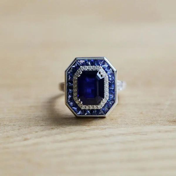 Anéis 1 pc Art Deco Estilo Vintage Azul Safira Gemas 925 Prata Ajustável Aberto Gemstone Anel de Casamento Jóias Finas Para Homens Acessórios