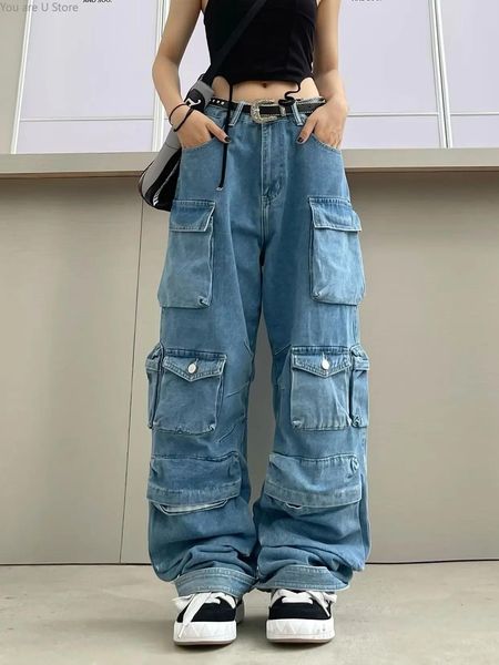 Jeans 2023 Stacked Washed Faded Vintage Flare Denim Hose Damen Freizeithose mit vielen Taschen, weites Bein, gerade, lässige blaue Jeans