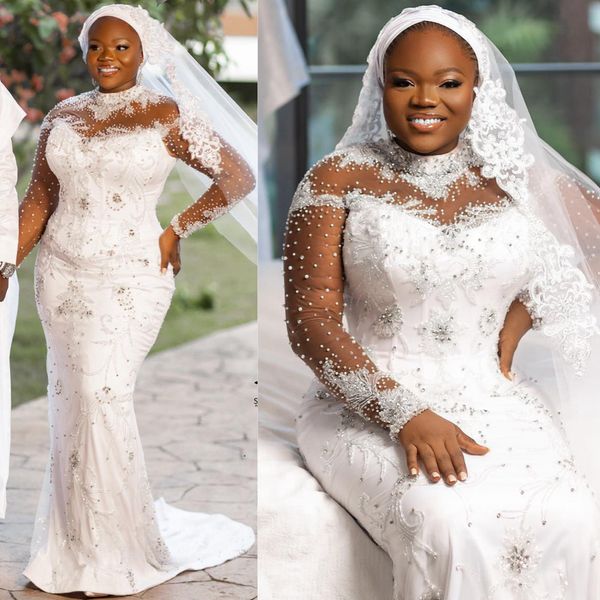 Abito da sposa a sirena taglie forti per la sposa collo alto maniche lunghe con paillettes in rilievo e strass Abiti da sposa per matrimonio africano Donne nere Nigeria Ragazza CDW190