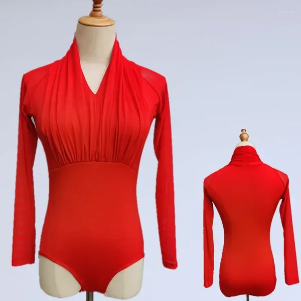 Palco desgaste sexy dança latina bodysuit para mulheres manga longa estiramento collant traje 2024 v-pescoço spandex exercício roupas