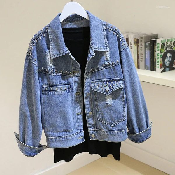 Jaquetas femininas rebite buracos azul denim jaqueta feminina solta estudante outwear chaqueta mujer estilo coreano cintura alta curto jeans casaco feminino