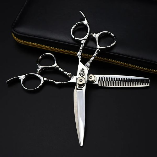 Profissional jp 440c aço 6 ''curvo prata tesoura de cabelo corte ferramentas barbeiro tesoura desbaste cabeleireiro 240110