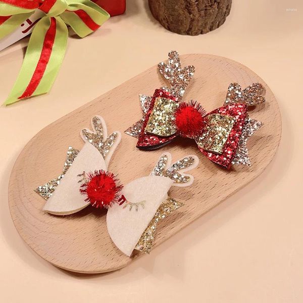 Noel dekorasyonları geyik boynuz saç klips çocuk kelebek düğüm parlak pembe parıltı dekoratif kenar kız hediye