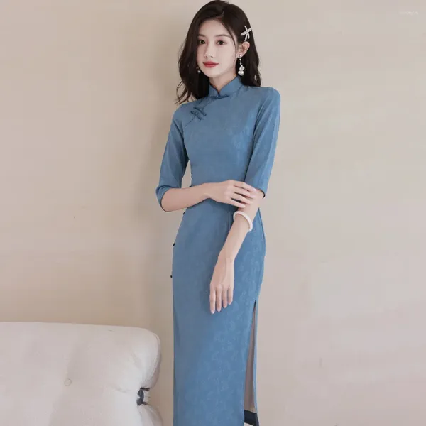 Abbigliamento etnico Donna Mezza manica Abito foderato blu Ragazza in stile cinese Cheongsam vintage Costume da sfilata di moda femminile Qipao migliorato