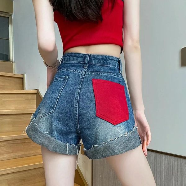 Kadın Şort Kot Kore tarzı denim Kadınlar Yaz Elastik Yüksek Belli Mavi Patchwork Ham Edge Y2K Street Fashion Sıcak Pantolon Jean