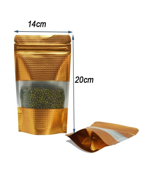 14x20cm Doypack Gold Embossed Zip Lock Bag 50pcslot Stand Up Folha de Alumínio Zipper Package Bag com Matte Clear Plastic Window9975126