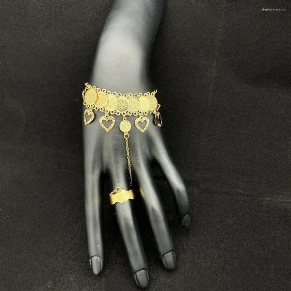 Halskette Ohrringe Set Arabische Goldmünzen Herzform Verstellbares Hand Gaze Farbarmband Ring Frauen Schmuck Dubai Luxus