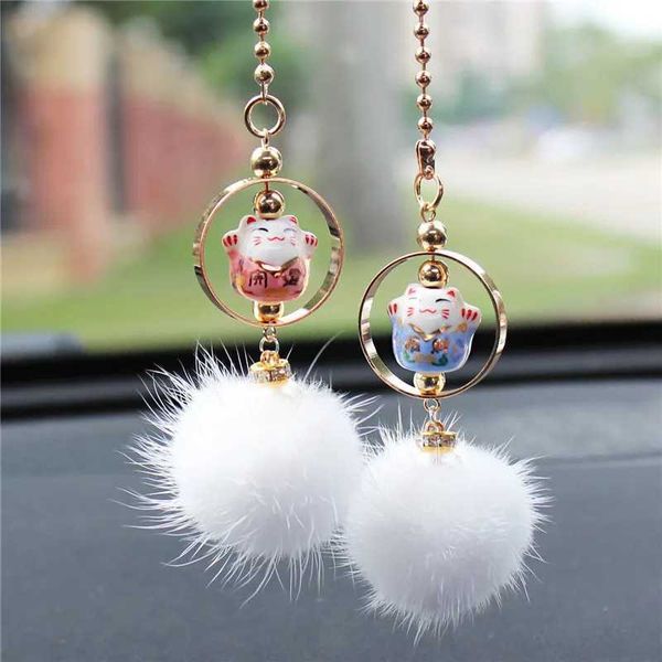 Ciondolo interno per auto Simpatico animale peluche Gatto fortunato Specchietto retrovisore automatico Ornamenti appesi Accessori decorativi rosa Voiture