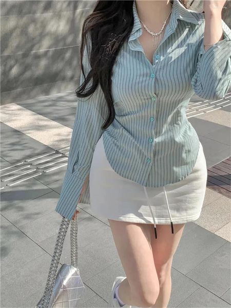 Blusas femininas japão design coreano listrado gola polo camisa de manga longa para primavera outono doce ins chique magro apertado sexy blusa topo