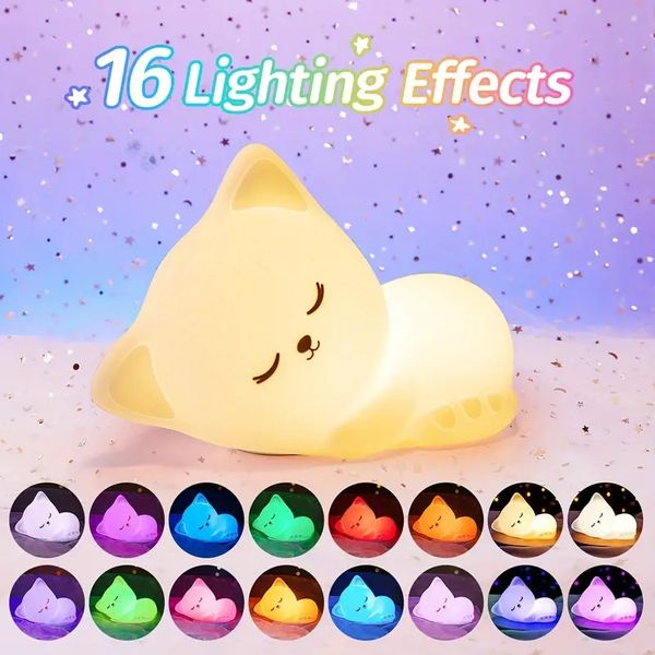 Süßes Katzen-Nachtlicht mit Fernbedienung und Touch, niedliche Nachtlichtlampe aus Silikon in 16 Farben, Timer-Nachtlicht mit 5 Helligkeitsstufen, wiederaufladbare kabellose USB-Nachtlampe