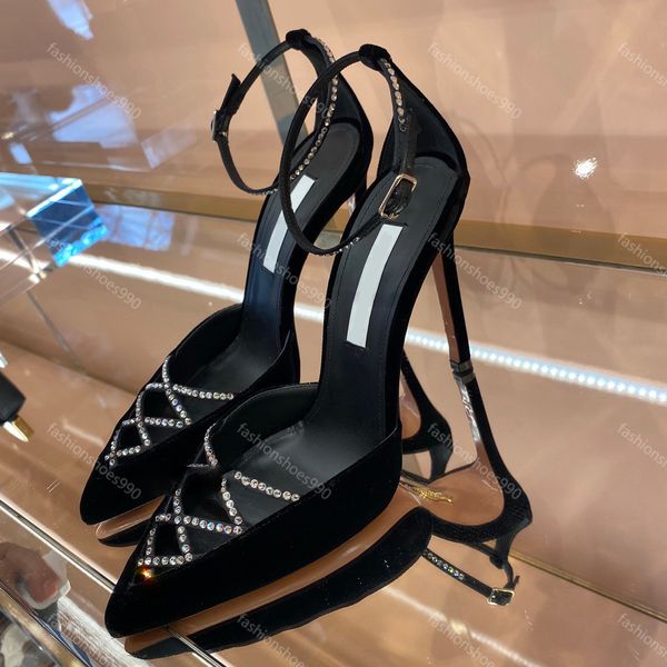 Топ Aquazzura Босоножки со стразами Острые носки Модельные туфли Полый ремешок на щиколотке Женская шпилька Роскошный дизайнерский кристалл Высокие каблуки Туфли для званого ужина 35-42 Коробка