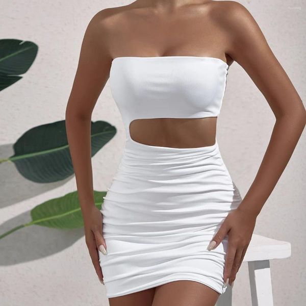 Abiti casual 2024 Abito estivo senza spalline sexy da donna Scava fuori Wrap Hip Fold Mini bianco Backless Nightclub Party Slim corto