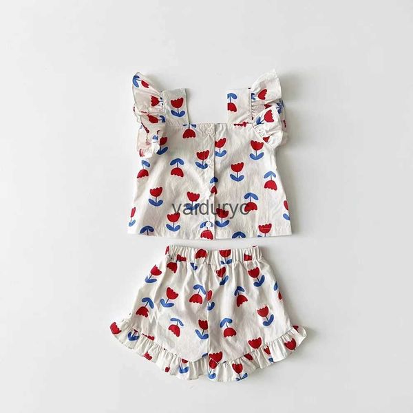 Kleidungssets Baby Mädchen Kleidungssets Kleinkind Kinder Ärmelloses Shirt + Shorts 2-teiliger Anzug Blumendruck Kostüm Kinderkleidung Koreanischer Stilvaiduryc