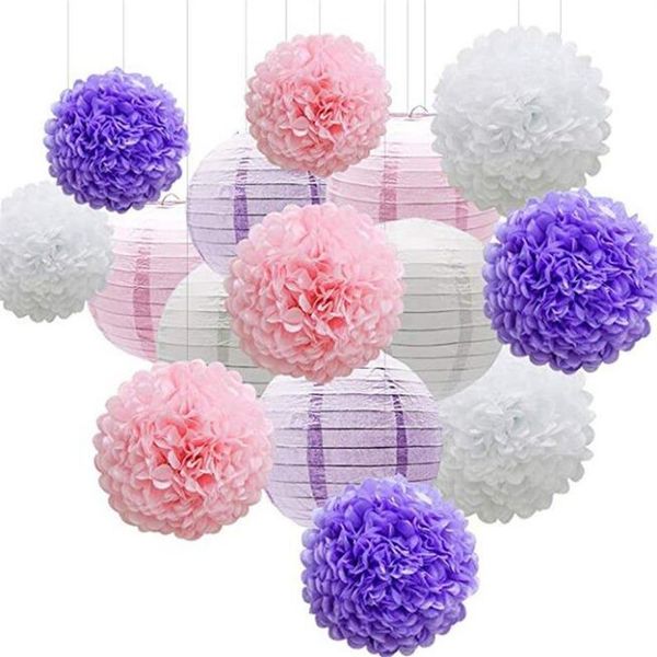 15pcs denizkızı parti dekoru pembe mor beyaz kağıt çiçekler pom pom poms toplar ve kağıt fenerler düğün doğum günü gelin bebek showe223w