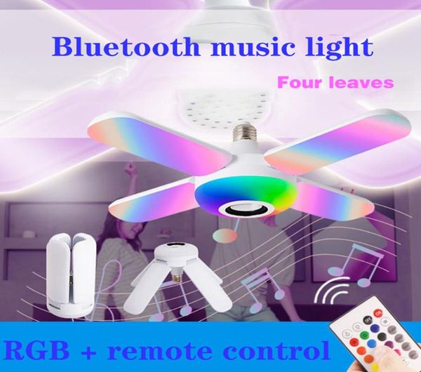 Lampada da musica Bluetooth Lampada a LED RGB a quattro foglie Lampadine E27 a forma di ventaglio da 50 W con telecomando Luci per altoparlanti intelligenti pieghevoli9176973
