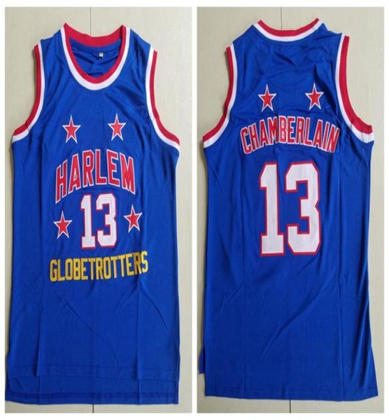 Erkek 13 Wilt Chamberlain Harlem Globetrotters Basketbol Formaları Vintage Mavi Dikişli Gömlekler SXXL8470208
