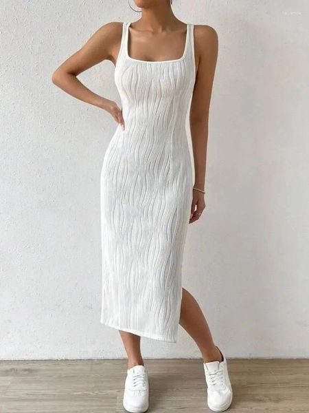 Vestidos casuais mulheres texturizadas sem mangas sólida divisão coxa vestido bodycon festa clube elegante vestido branco sexy verão