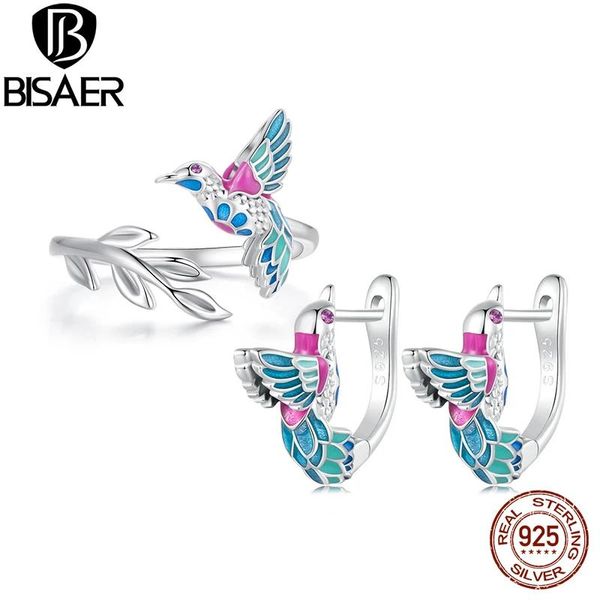 Conjuntos Bisaer 925 Sterling Silver Kingfisher Bird Jewerly Conjunto Anel Brinco Esmalte Banhado Platina para Mulheres Presente de Festa