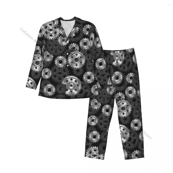 Pijamas masculinos Engrenagens de Ferro Estilo Steampunk Homens Pijama Manga Longa Terno Masculino Conjunto Homewear