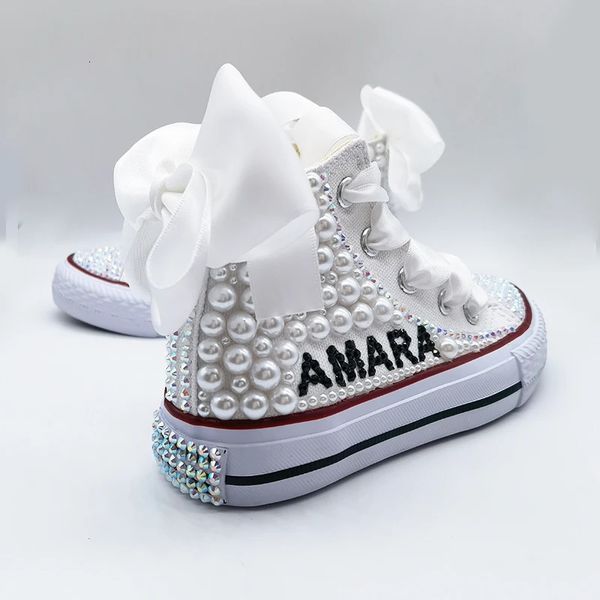 Имя Индивидуальный дизайн Детская обувь для девочек Причастие День рождения Холст Dollbling Кроссовки ручной работы с блестящим радужным жемчугом 240110