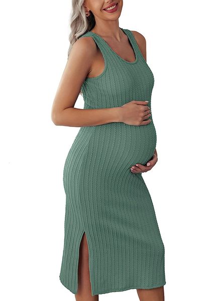 Женское платье для беременных в рубчик, вязаный жилет без рукавов, сшитое по бокам, платье для тела, летняя одежда для детского душа, повседневная одежда для беременных 240111