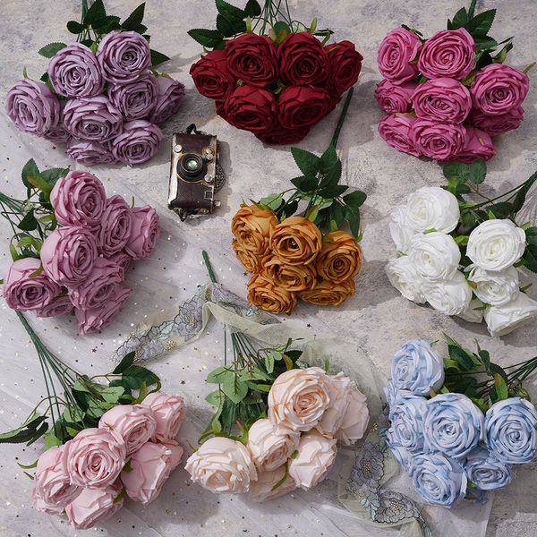 9-Kopf-Bündel Imperial Princess Rose Frische runde Rose Hotel Hochzeit Bühnendekoration Fake Flower Home Schöne Seidenblumenkunst WMC